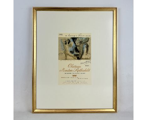 Framed poster of 1973 Chateau Mouton Rothschild vine label featuring Pablo Picasso artwork. Dimensions (H x W x D): 50 x 40 x