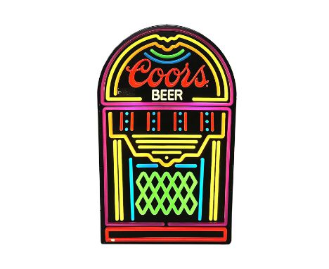 Coors Beer jukebox shaped light up sign. Loss of color in two spots but overall in very good condition. The sign has a wire o