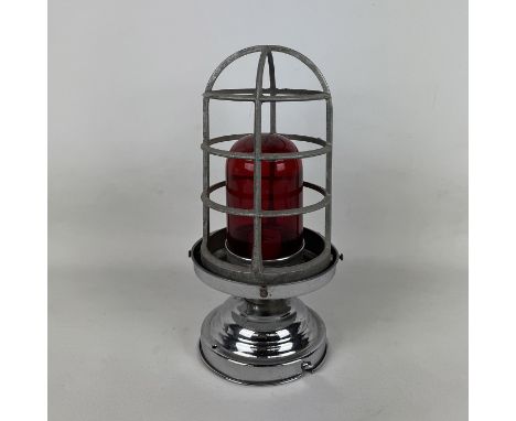A vintage cage light with a red tint and a custom base for an E27 bulb. Working condition untested. Dimensions (H x W x D): 3