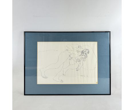 Framed Erotic Art - Francis Newton Souza 1963. Visible size of the artwork trough the passepartout is 36,5 x 26,5 cm. Dimensi