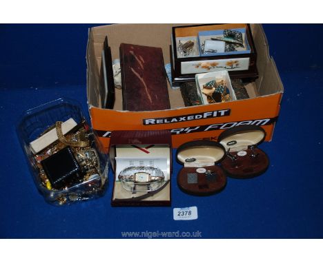 A quantity of costume jewellery including brooches, art deco style diamonte cuff links, micro mosaic, ceramic poodle, etc.