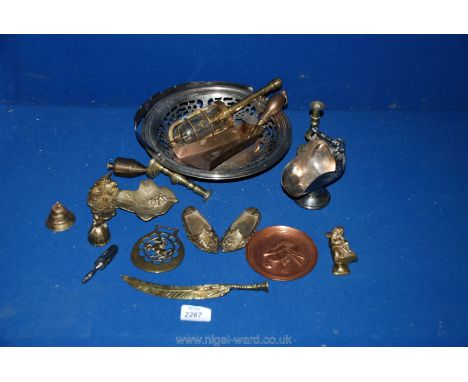 A quantity of miscellaneous Brass and plate including small candlesticks, inspection lamp, sugar scuttle, plated basket, etc.