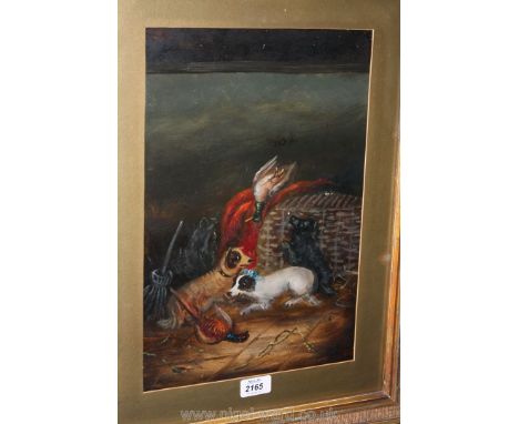 An over-painted Print depicting three dogs lying near dead Pheasants, in decorative gilt frame, 13 1/2'' x 18 1/2''