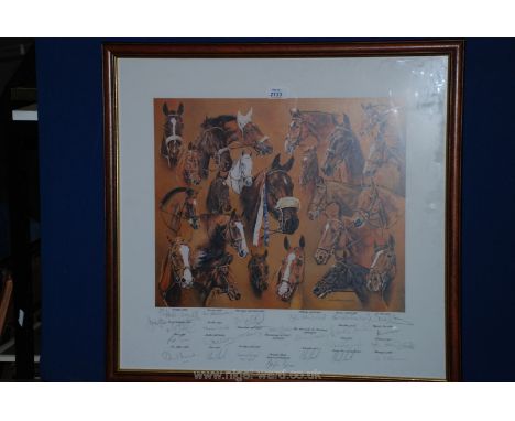 A Print of Hickstead Derby Past Winners, by David McEwen 1995, signed by the riders and 24 signatures in total, 24 1/2'' wide