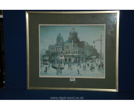 Arthur Delaney: a signed Print of a street scene with tram.