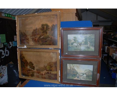 A Pair of Framed Edwardian Prints, a Pair of Oleographs of Cattle Watering & a Constable Print ' Flatford Mill '.