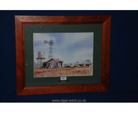 A large framed Print of Australian outback with water tower, turbine, barn, drovers and cattle
