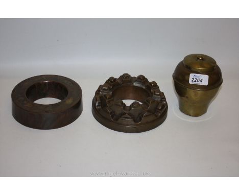 A good Victorian shallow castellated copper jelly mould stamped and another antique plain circular mould and a Philips teas b
