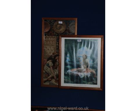 A framed Print of a young girl staring into Goldfish Bowl and another 'At Low Tide'