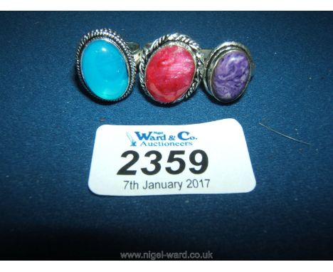 Three Silver Rings with blue Jade, Ruby and other stones