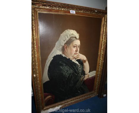 A large framed vivid colour print of Queen Victoria seated on a chaise reading a book and a large frame with a print of a gen