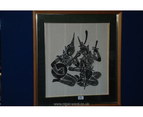 A large framed Oriental Woodblock Print of two figures playing musical instruments, 17'' x 20''