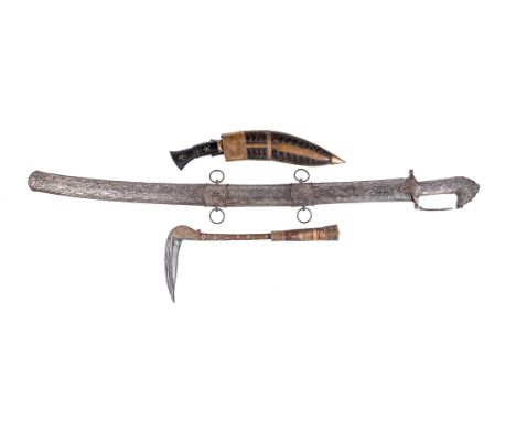 A MIDDLE EASTERN SWORD (SAIF) AND SCABBARDLATE 19TH/EARLY20TH CENTURYWith 80cm steel blade and white metals fittings and scab