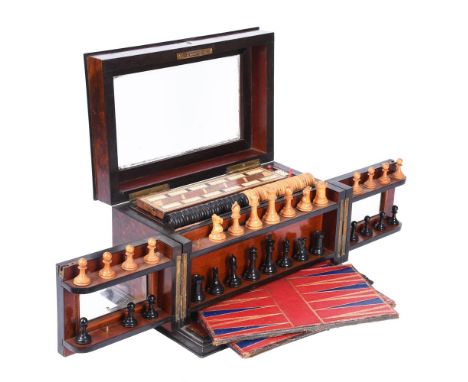 A VICTORIAN COROMANDEL AND BURR WALNUT GAMES COMPENDIUMSECOND HALF 19TH CENTURYWith leather clad folding games board, markers