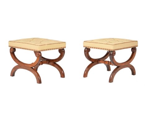 Y A PAIR OF WILLIAM IV X-FRAME STOOLSCIRCA 1835Each with a later button upholstered top36cm high, 46cm wide, 36cm deepConditi