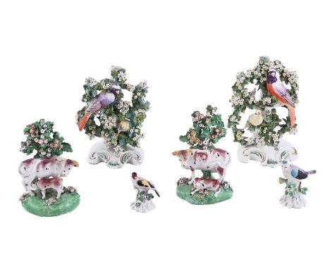 A SELECTION OF DERBY PORCELAIN MODELSCIRCA 1765-1800Comprising: a pair of bocage bird candlestick groups, 18cm & 19cm high; a