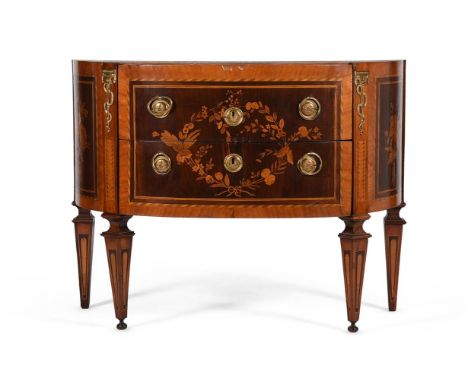 Y A FRENCH TULIPWOOD AND MARQUETRY DEMI-LUNE COMMODE IN LOUIS XVI STYLE, 19TH CENTURY 83cm high, 108cm wide, 48.5cm deep Cond