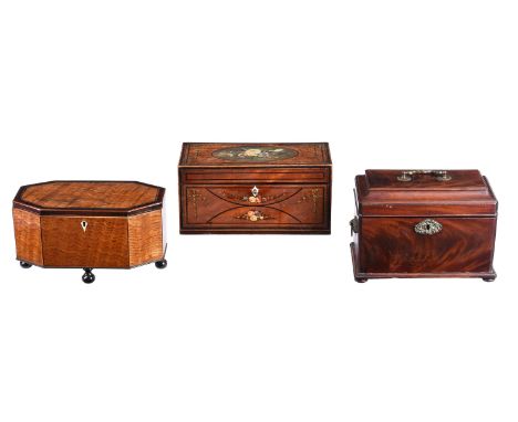 A GROUP OF THREE TEA CADDIESLATE 18TH AND EARLY 19TH CENTURIESComprising a George III mahogany tea caddy, with three internal