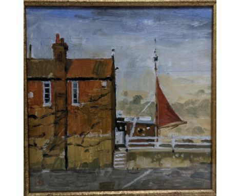 Alan W Palmer (British 20th century) - The Quay, Snape - oil sketch - 16.5 x 16.5cms, mounted in a glazed gilt frame.Location