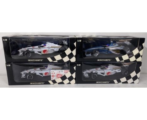 Four Minichamps models of the British American Racing (BAR) Honda 03 formula 1 car, all models showing the car driven by Jacq