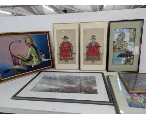 A group of Oriental paintings, silks and a vintage Chinese carved mother of pearl and abalone shell art panel depicting a lan
