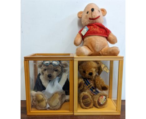 Three bears – “Douglas” A Merrythought The Battle Of Britian 75th Anniversary Bear no 152 / 1940 in a Perspex display case, a