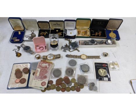 A mixed lot to include costume jewellery, coins and watches to include a Seiko SQ50, Swiss Emperor and othersLocation:If ther