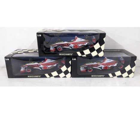 Three Minichamps models of the British American Racing (BAR) 01 Supertech formula 1 car driven by Ricardo Zonta in 1999, scal