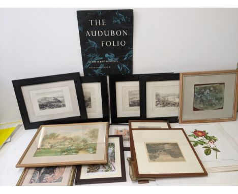 A collection of pictures, etchings and prints to include an embroidery of a garden scene, a watercolour of a garden signed TR
