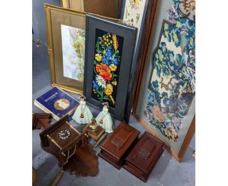 Collectables to include tapestry pictures, a watercolour, two wooden boxes, commemorative books, two Italian china figures an