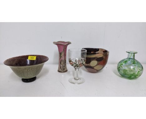 A group of contemporary studio glass bowls, vases and a small goblet, comprising, a signed Siddy Langley Glass globular vase,
