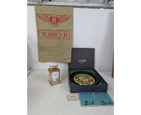 A mixed lot to include a Spode carriage clock together with a 'Sandown' roulette style horse racing game, a Bentley Turbo R d