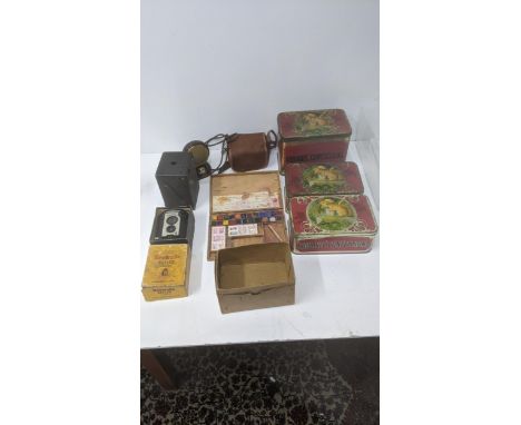 Collectables to include a boxed Brownie Reflex camera, a Vintage Grundig microphone, three 'Squirrel' confections vintage tin