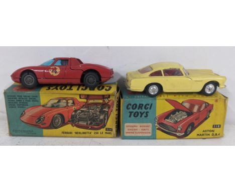 Corgi Toys to include 314 Ferrari Berlinetta 250 Le Mans with a red body and chrome coloured interior; and a 218 Aston Martin