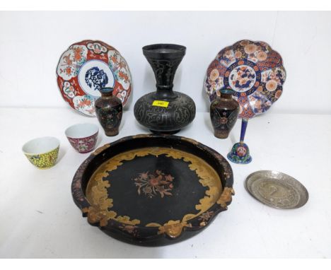 A group of Asian works of art to include an Indian Bidri vase, pair of Chinese enamel vases, a Japanese Imari plate, Chinese 