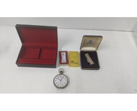 Collectables to include a silver plated open faced pocket watch, a boxed Ronson Varaflame cigarette lighter, a boxed King but
