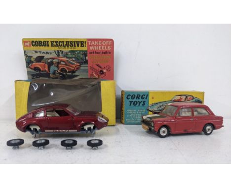 Corgi Toys to include a no.341 Mini Marcos GT850 with detachable wheels, a red body with white interior; and a Hillman Imp wi
