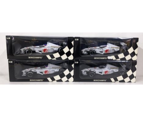 Four Minichamps models of the British American Racing (BAR) Honda 03 formula 1 car, two models show the car driven by Olivier