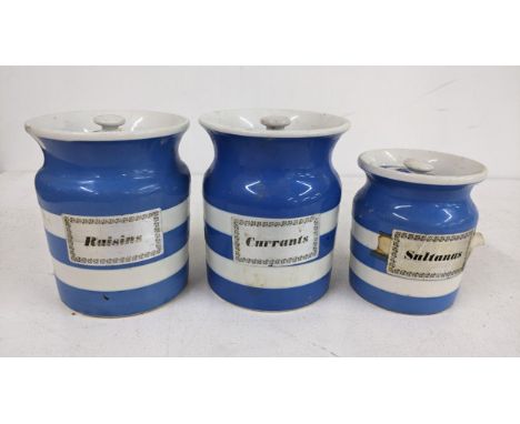 Three Cornish ware blue and white kitchen jars, A/FLocation:If there is no condition report shown, please request
