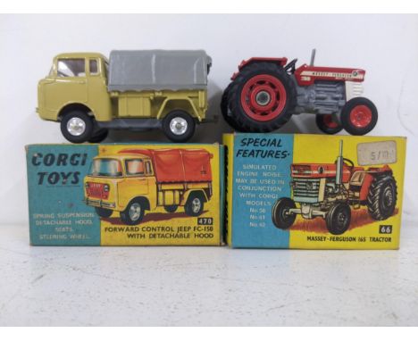 Corgi Toys to include a 470 Forward Control Jeep FC-150 with detachable hood and a beige body, grey hood and a red interior; 