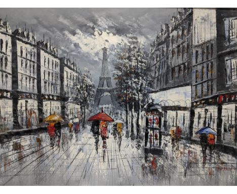 Burnet - Impressionist Parisian street scene with figures, buildings, and Eifel Tower, oil on board, signed lower right, 63 x
