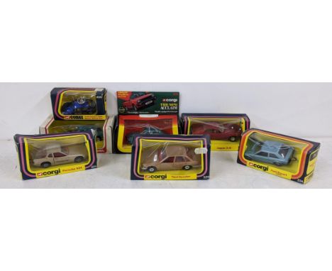 Seven boxed Corgi vehicles to include a Triumph Acclaim 276, a Porsche 924 321, a Ford Escort Europe 334, a Jaguar XJS 319, a
