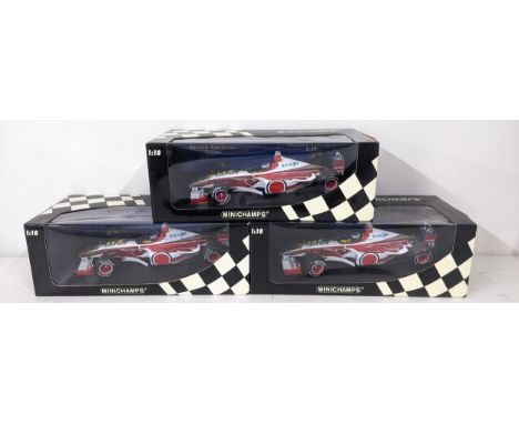 Three Minichamps models of the British American Racing (BAR) 01 Supertech formula 1 car driven by Ricardo Zonta in 1999, scal