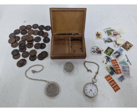 A mixed lot to include a silver cased open faced A.W.W Co Waltham mass pocket watch , Victorian and later British coinage and