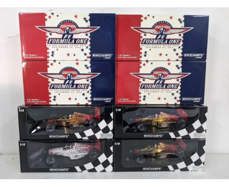 Four boxed Minichamps models of F1 cars 1:18 scale to celebrate the Indianapolis Grand Prix on September 24th 2000, three gol
