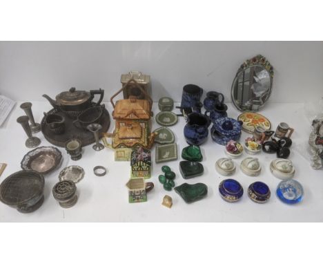 Collectable to include a Barbola mirror, green Wedgwood Jasperware items, a hallmarked silver napkin ring, 10g, a collection 