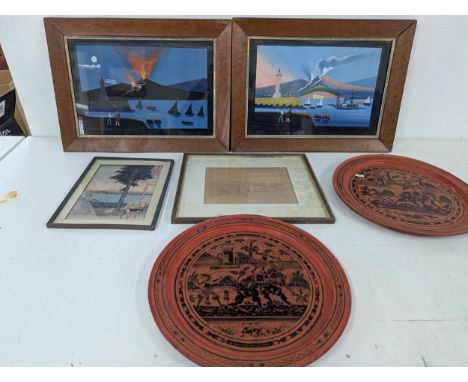 Pictures to include a pair of Neapolitan day and night scenes of Mount Vesuvius erupting, gauche, a Japanese print, a cricket