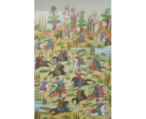 A 20th Century Persian tile of Warriors on horseback, 38 x 28cm, and a pair of Staffordshire dogs (3)  The tile is fine.