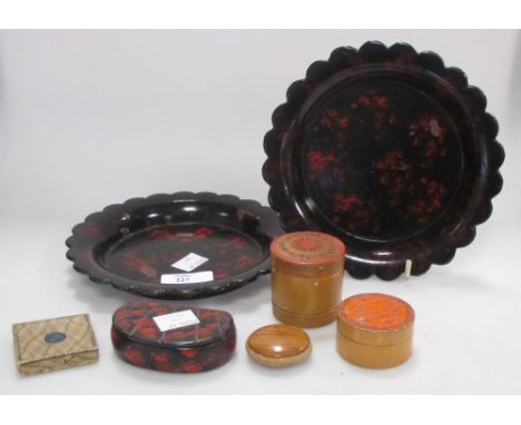 Papier mache plates, a snuff box, prints etc  
