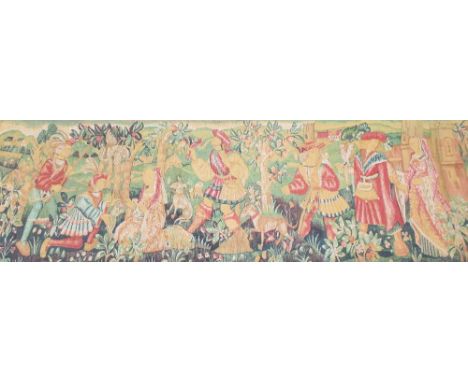 A fabric printed with a Mediaeval tapestry scene of men and women hunting and gathering, lined and with hanging clips, 100 x 